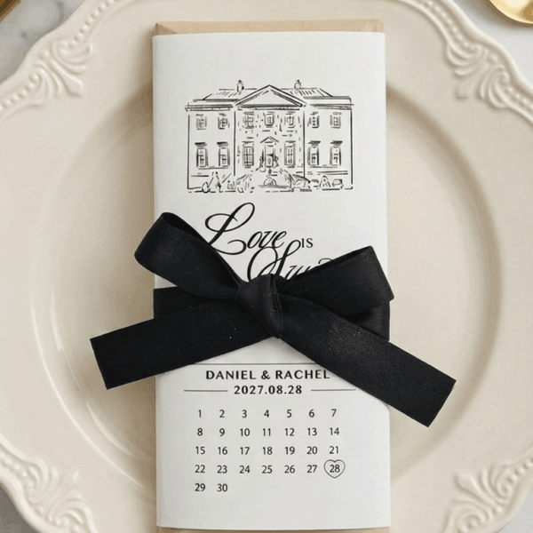 Custom Wedding Venue Illustration, Edible Wedding Favors with Ribbons, Personalized Wedding Favors | Hershey Chocolate Bar V-1