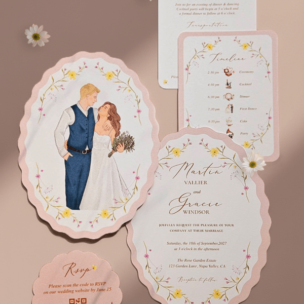 Gracie- Elegant Wedding Invitations, Shaped Wedding Invitation Suite, Rustic Wedding Invitation Die cut｜Realistic Custom Portrait