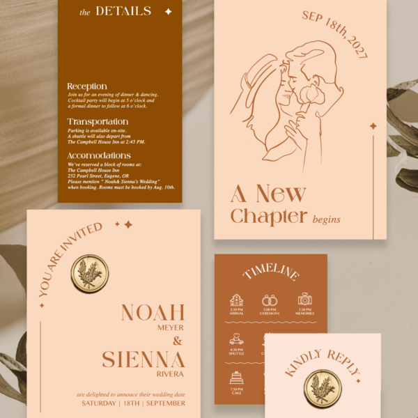 Sienna- Boho Wedding Invitation Suite, Custom Wedding Invitation with Wax Seals, Terracotta | Minimalist illustration