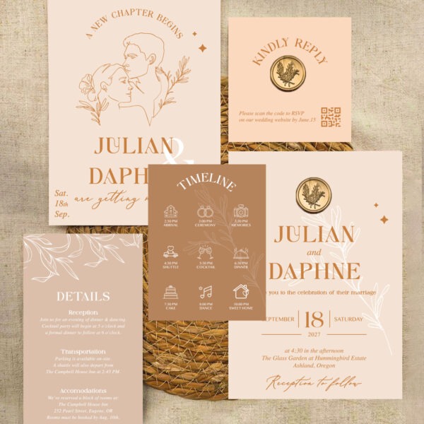 Daphne- Boho Wedding Invitation Suite, Custom Wedding Invitation, with wax seal, wax seal invitation | Minimalist illustration