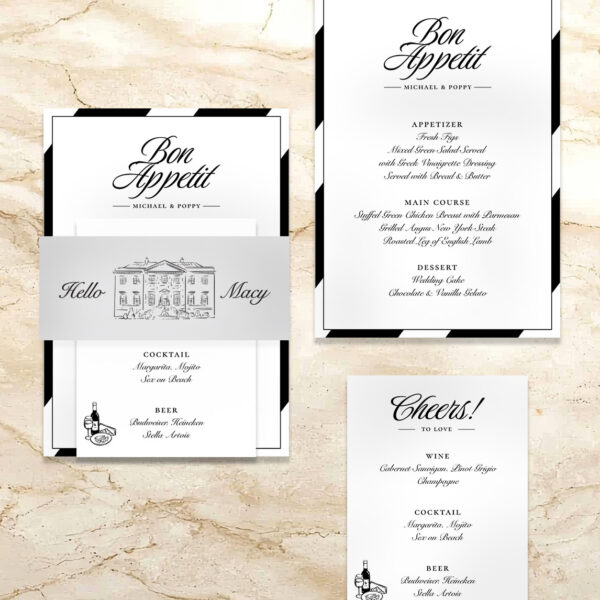 Minimalist Wedding Menu, Hand drawn Wedding Venue Illustration, Chic French Style Wedding Menu, Custom Wedding Menu