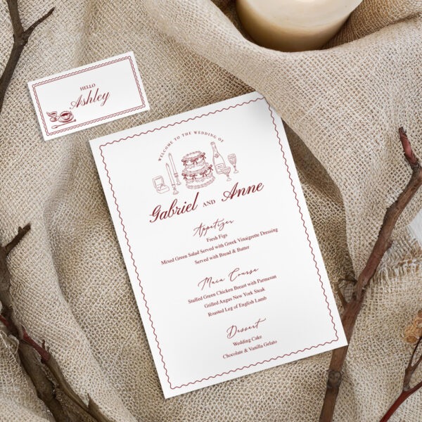 Alternative view of Vintage Wedding Menu, French Style Wedding Menu, Retro Whimsical Wedding Menu