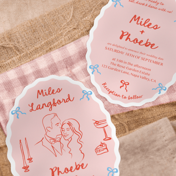Phoebe- Whimsical Wedding Invitation, Scallop Wedding Invitation, Fun Wedding Invitation Die cut｜Minimalist Custom Portrait